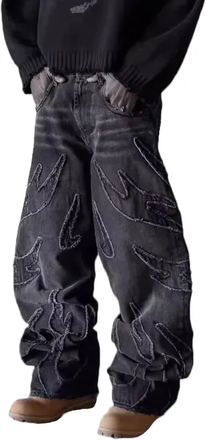 Y2k Ripped Wide Leg Jeans Men Denim Baggy Pant Oversized Hip Hop Flame Splicing Jeans Vintage Skater Pants