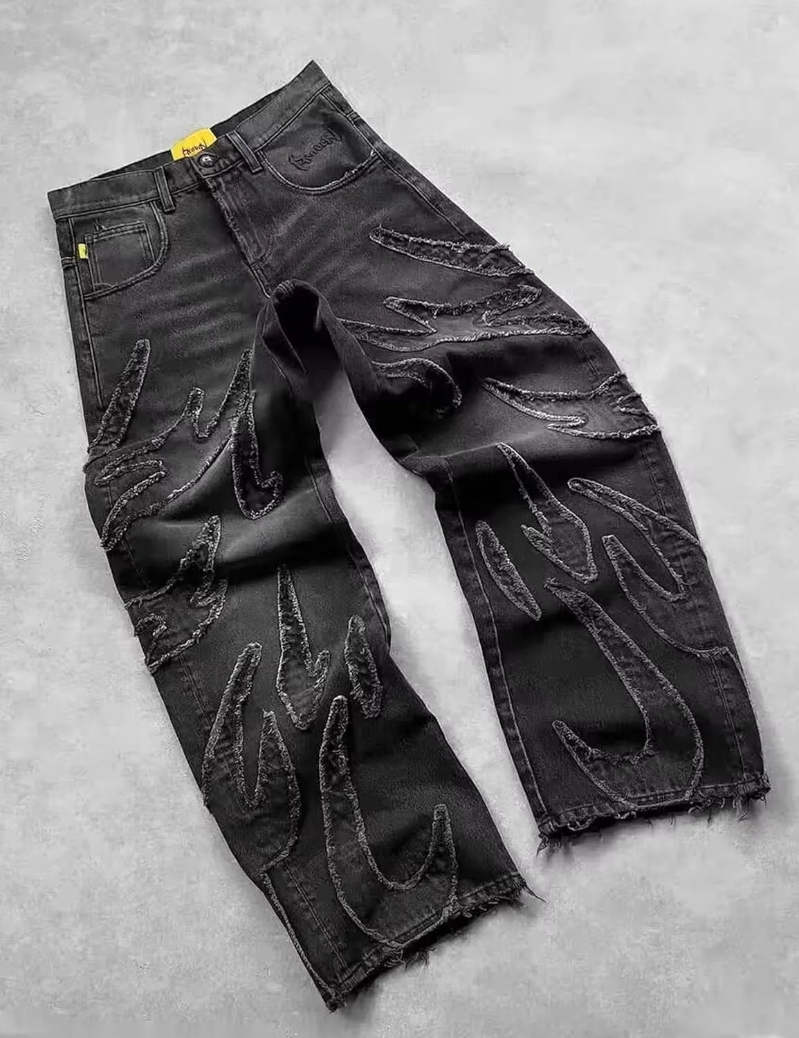 Y2k Ripped Wide Leg Jeans Men Denim Baggy Pant Oversized Hip Hop Flame Splicing Jeans Vintage Skater Pants