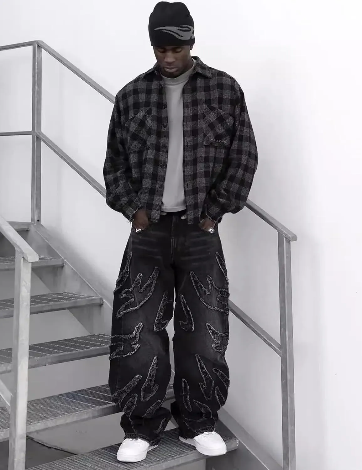 Y2k Ripped Wide Leg Jeans Men Denim Baggy Pant Oversized Hip Hop Flame Splicing Jeans Vintage Skater Pants