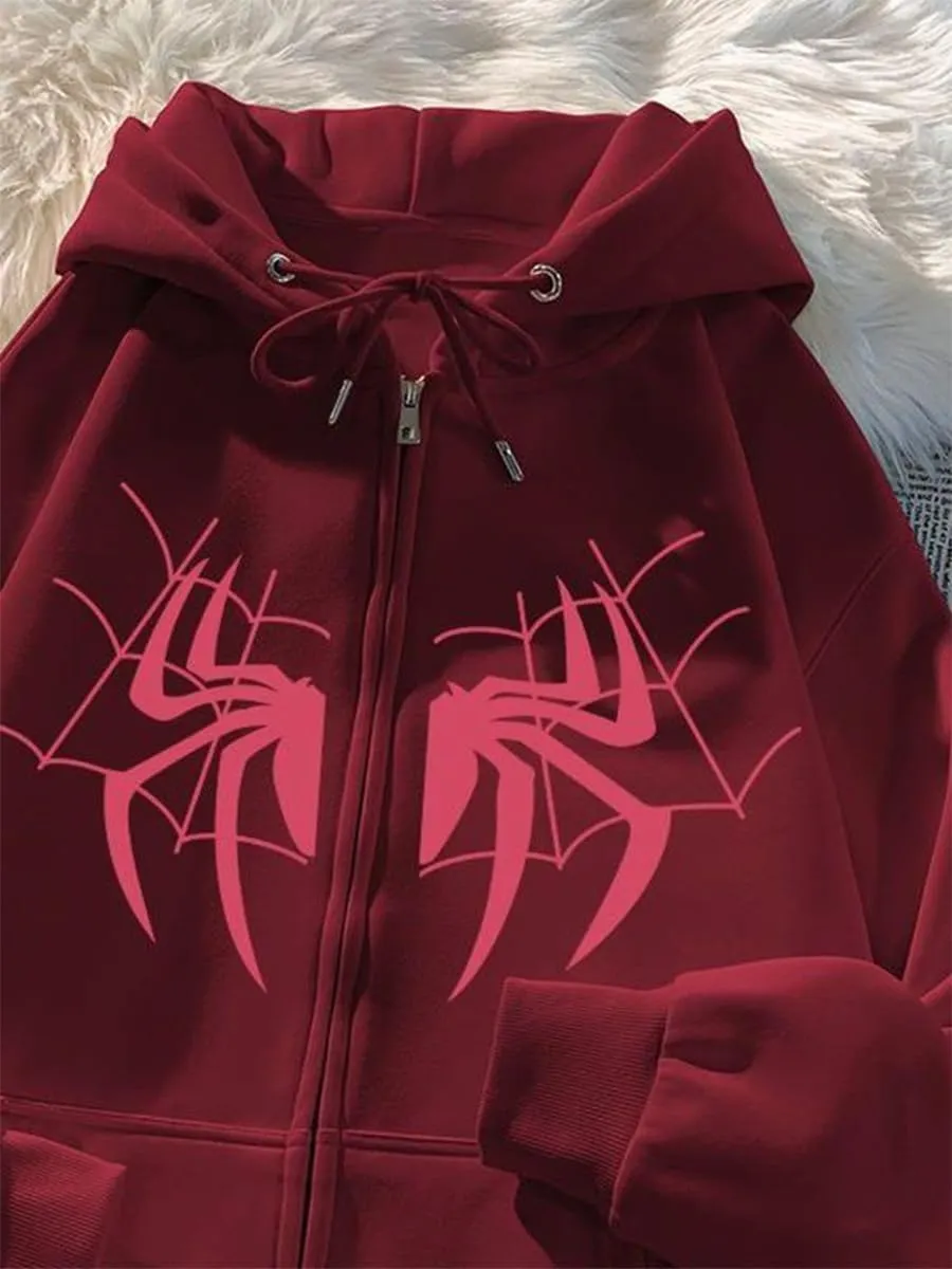 Y2k Spider Print Hoodies Hip Hop Zipper Long Sleeve Jacket Coats Harajuku Casual Loose Hooded Sweatshirt