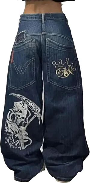 Y2k Vintage Hip Hop Jeans Baggy Skeleton Pants Graphic Printed Denim Jeans Grunge Gothic Oversized Pants Streetweear