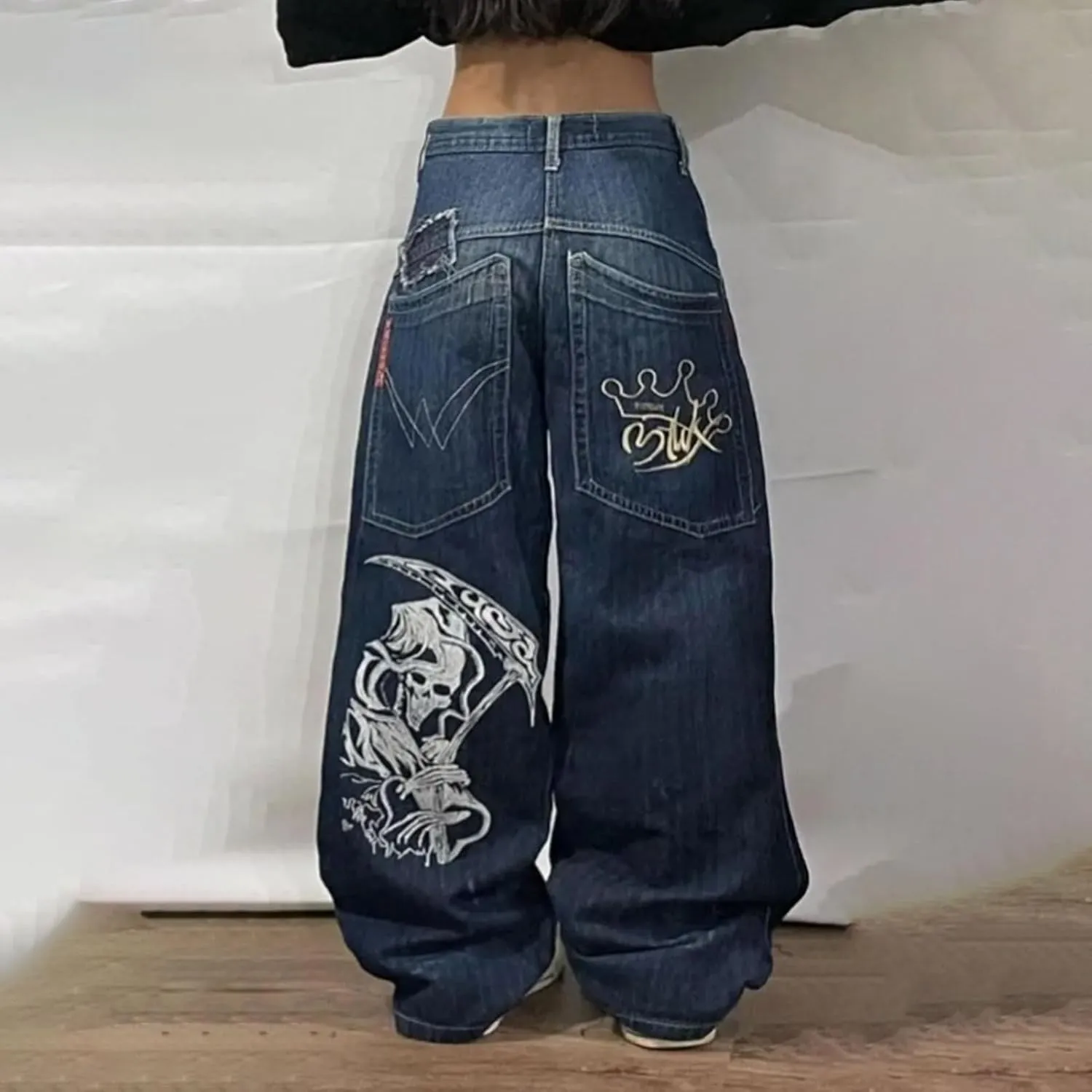 Y2k Vintage Hip Hop Jeans Baggy Skeleton Pants Graphic Printed Denim Jeans Grunge Gothic Oversized Pants Streetweear