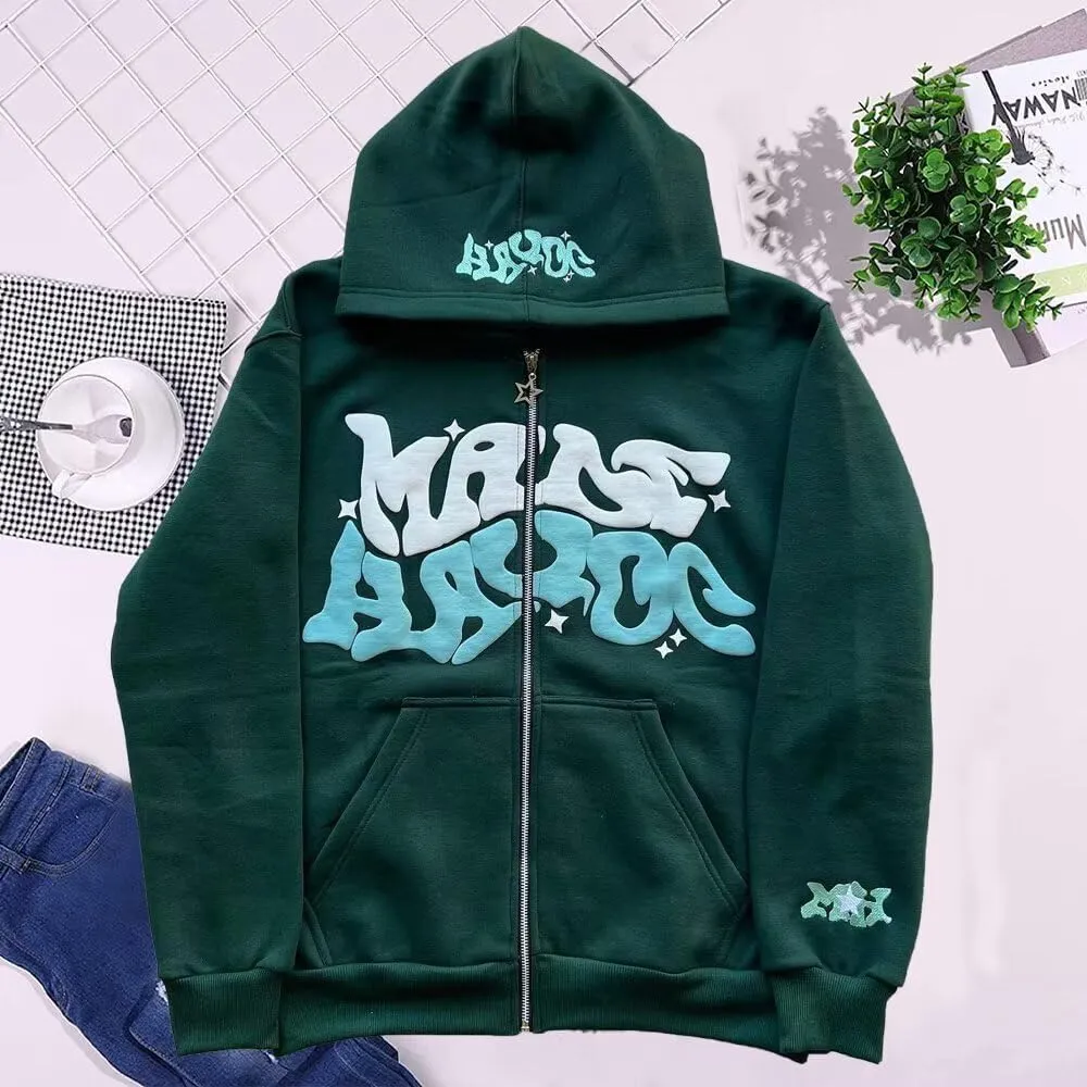 Y2K Zip Up Hoodies Puff Print Grunge Graphic Jackets Hip Hop Streetwear Sweatshirts Unisex