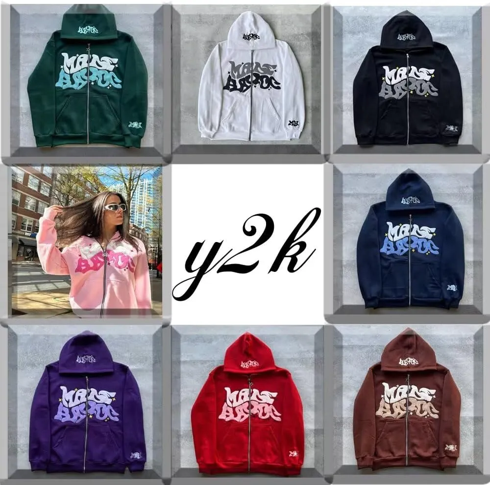 Y2K Zip Up Hoodies Puff Print Grunge Graphic Jackets Hip Hop Streetwear Sweatshirts Unisex