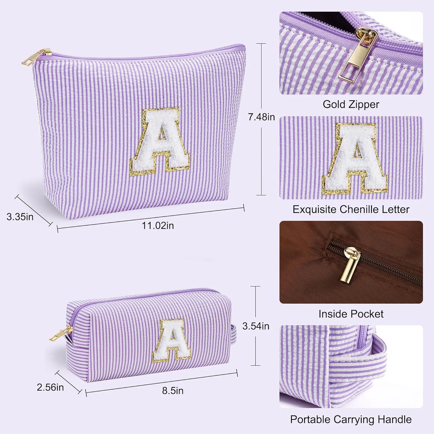 YOOLIFE Birthday Gifts - Personalized Monogram Makeup Bag Cosmetic Bag Travel Toiletry Bag Birthday Gifts for Women Her Bridesmaid Friend Sister Wife Girlfriend Daughter Gifts Purple A