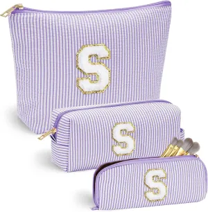 YOOLIFE Preppy Stuff Tween Girls Gifts 3 Pieces Monogram Makeup Pouch Makeup Organizer Bag Beauty Bag Personalized Friend Sister Wife Wedding Bride Birthday Gifts for Women Her Preppy Makeup Bag S
