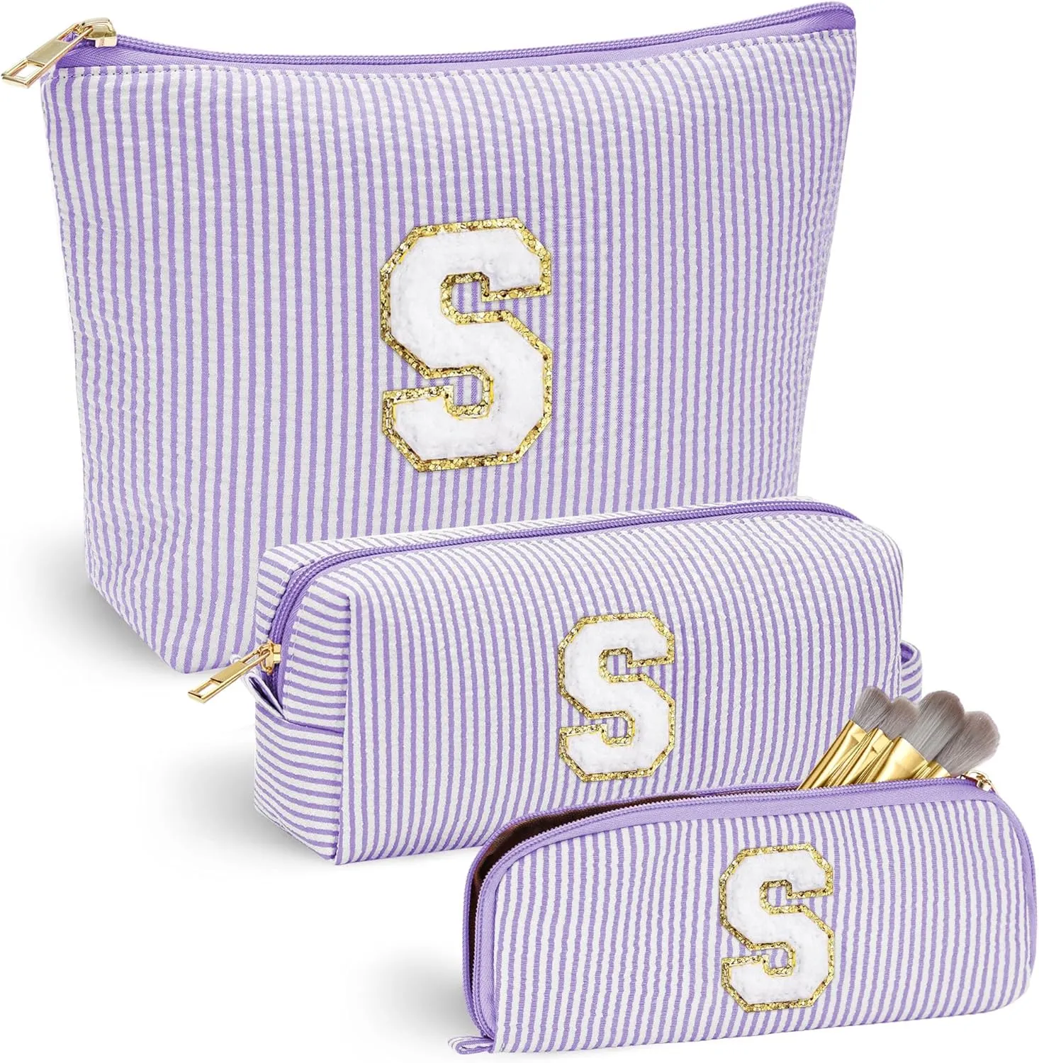 YOOLIFE Preppy Stuff Tween Girls Gifts 3 Pieces Monogram Makeup Pouch Makeup Organizer Bag Beauty Bag Personalized Friend Sister Wife Wedding Bride Birthday Gifts for Women Her Preppy Makeup Bag S