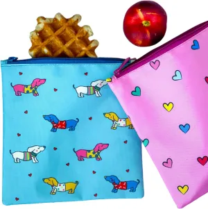 Yumbox Pochette 8x8 in. Large Reusable Sandwich & Snack Bag (2-Pack) - Eco-Friendly, BPA-Free, Water-Resistant, Easy-Wash - Woof & Hearts Design - Perfect for School, Work & Travel