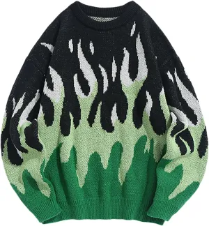 ZAFUL Mens Crewneck Oversized Sweaters Y2K Aesthetic Flame Graphic Knitted Sweater Casual Pullover Long Sleeve Jumpers