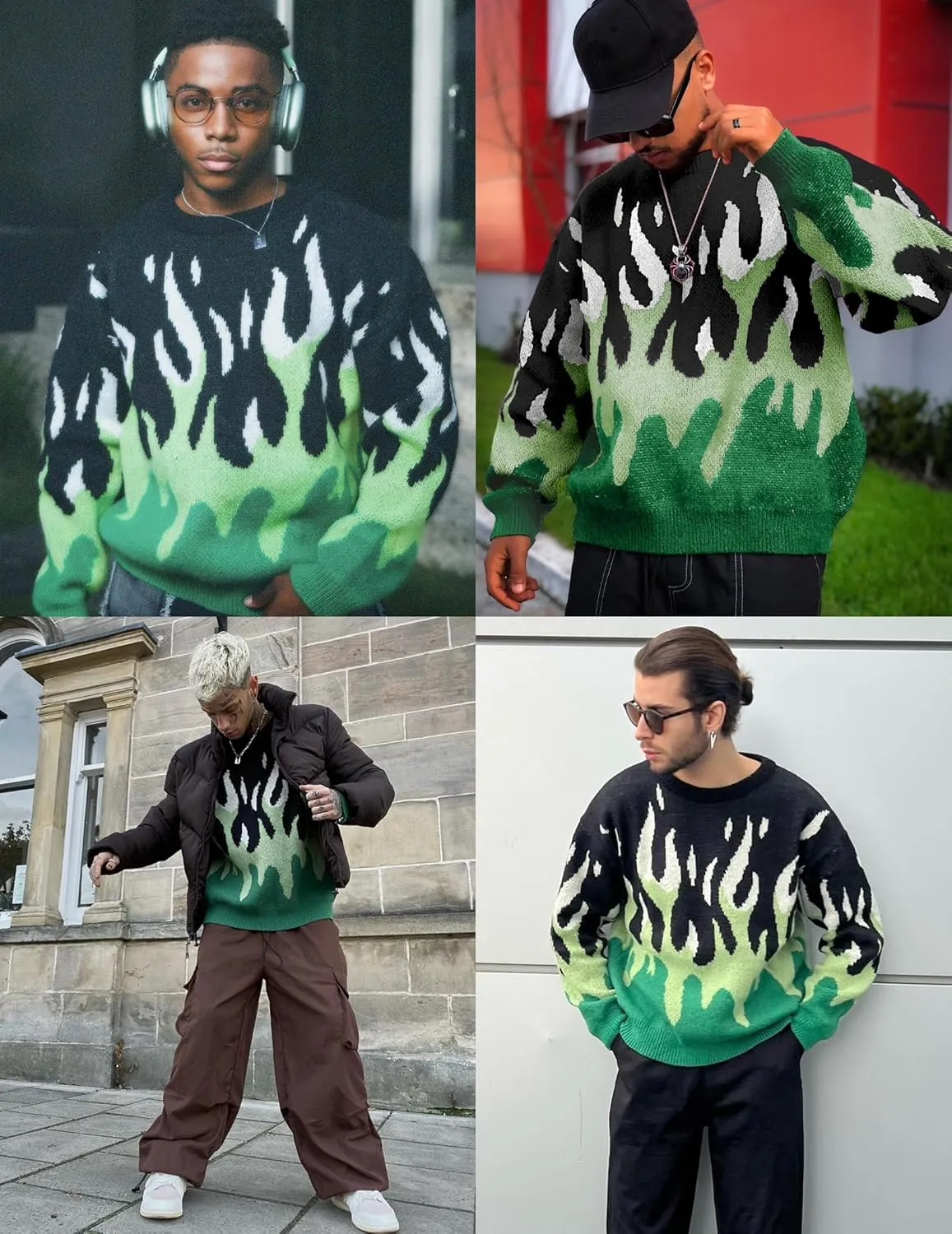 ZAFUL Mens Crewneck Oversized Sweaters Y2K Aesthetic Flame Graphic Knitted Sweater Casual Pullover Long Sleeve Jumpers