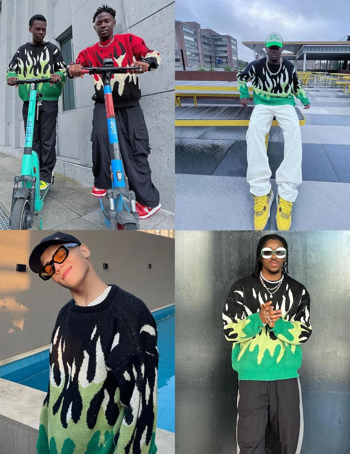 ZAFUL Mens Crewneck Oversized Sweaters Y2K Aesthetic Flame Graphic Knitted Sweater Casual Pullover Long Sleeve Jumpers