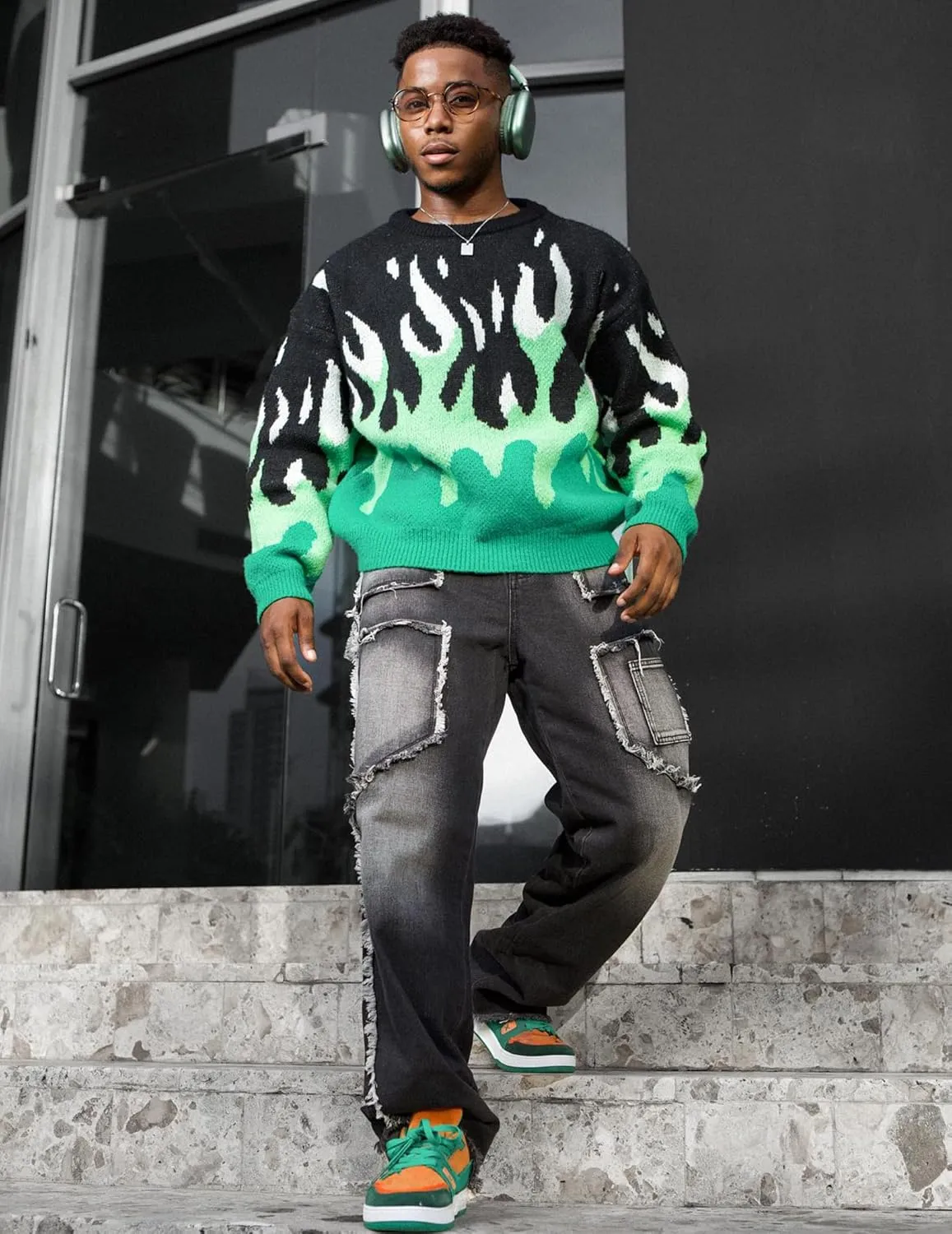 ZAFUL Mens Crewneck Oversized Sweaters Y2K Aesthetic Flame Graphic Knitted Sweater Casual Pullover Long Sleeve Jumpers