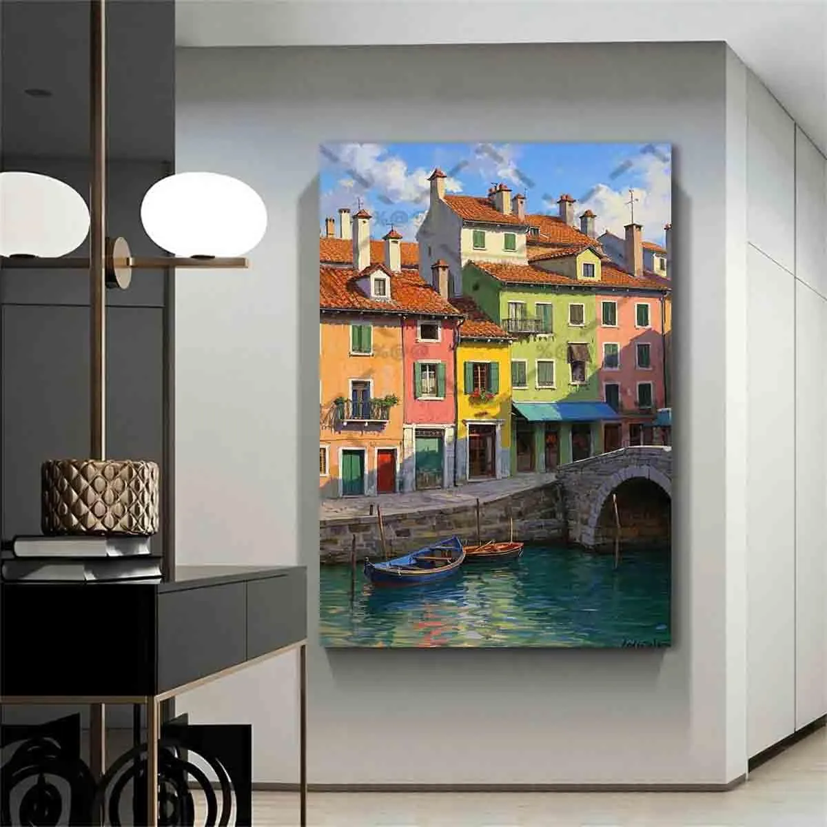 ZDWHGTF 24X16 Inch Wall Art Canvas Dock Boat Original Normandy Impressionism Wall Painting for Home Decor