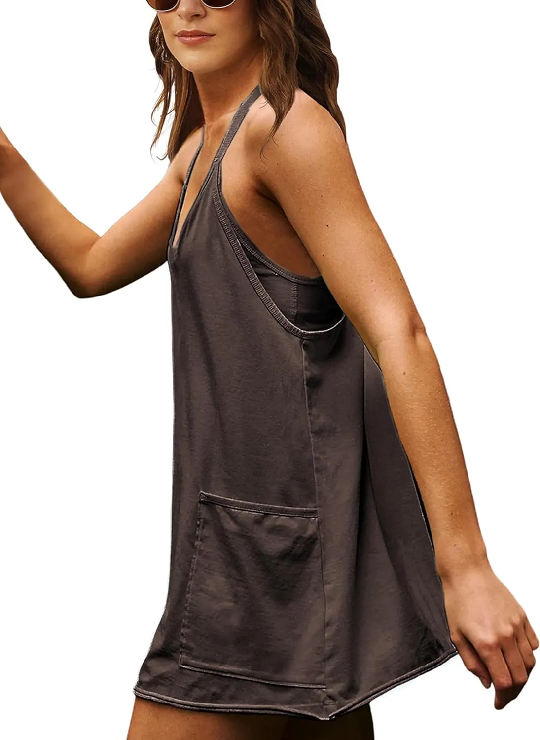 Zhiyouni Women's Summer Sleeveless Mini Dress V Neck Spaghetti Straps Athletic Built-in Shorts Sundress