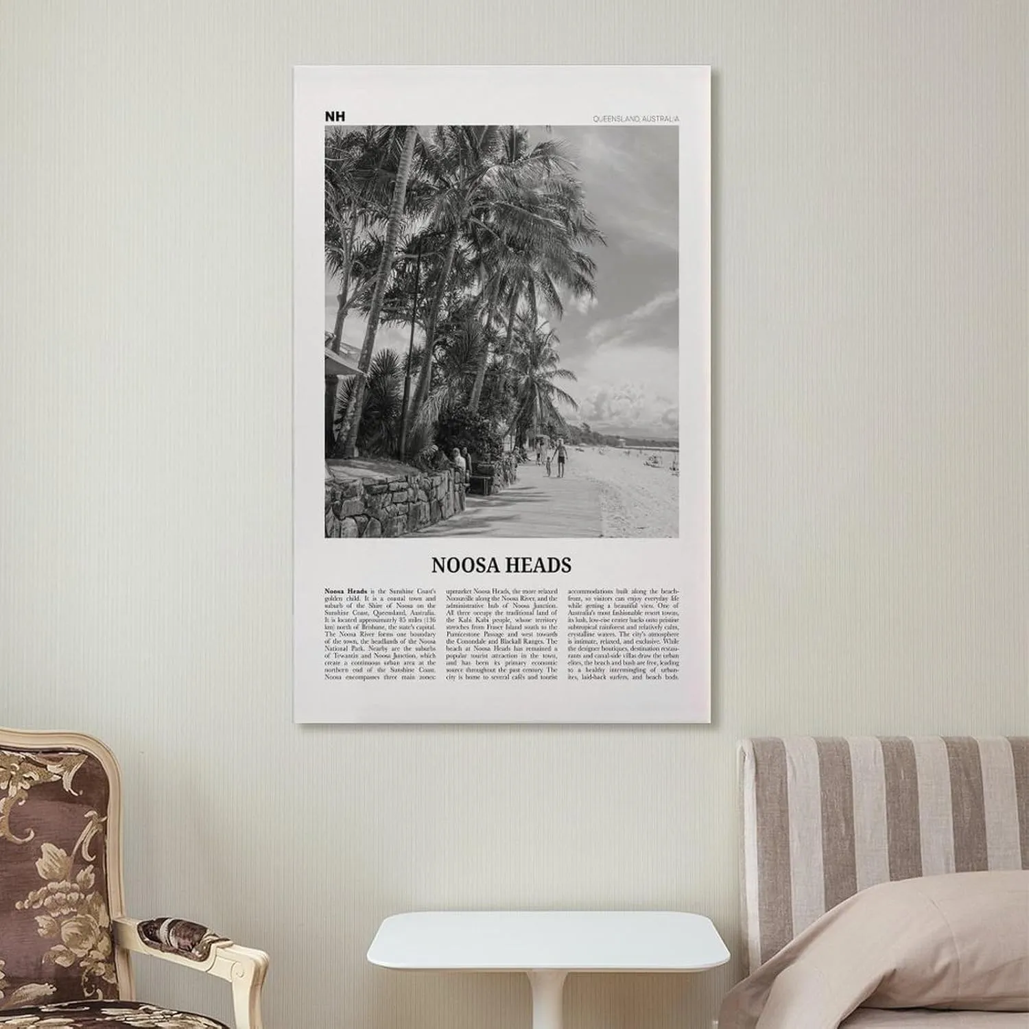 ZYSYML Noosa Heads Print Black And White Beach, Noosa Heads Wall Art, Noosa Heads Poster, Sunshine Coast Print, Queensland, Australia, Oceania Canvas Wall Art Poster Ready to Hang Framed 20x30inch