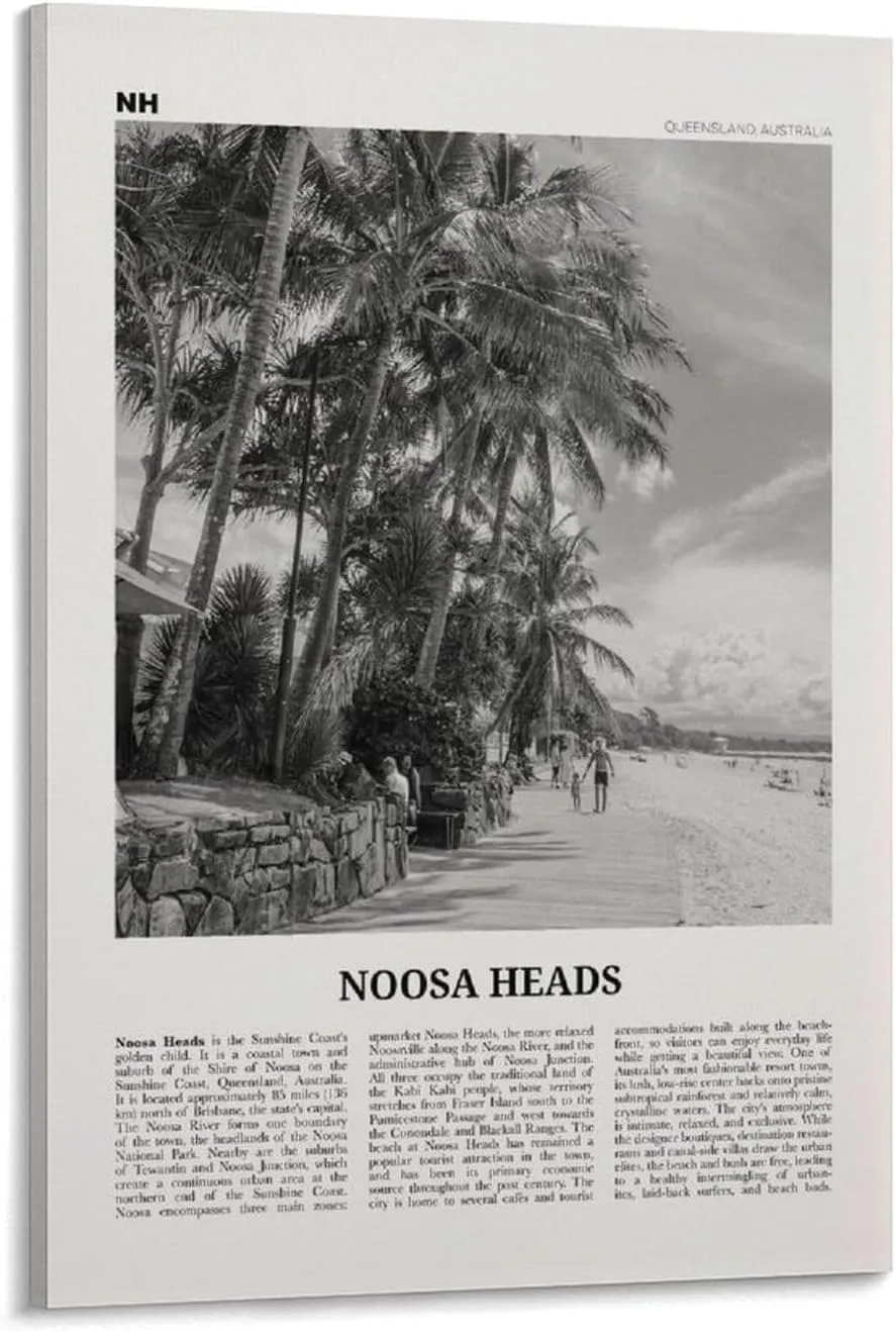 ZYSYML Noosa Heads Print Black And White Beach, Noosa Heads Wall Art, Noosa Heads Poster, Sunshine Coast Print, Queensland, Australia, Oceania Canvas Wall Art Poster Ready to Hang Framed 20x30inch