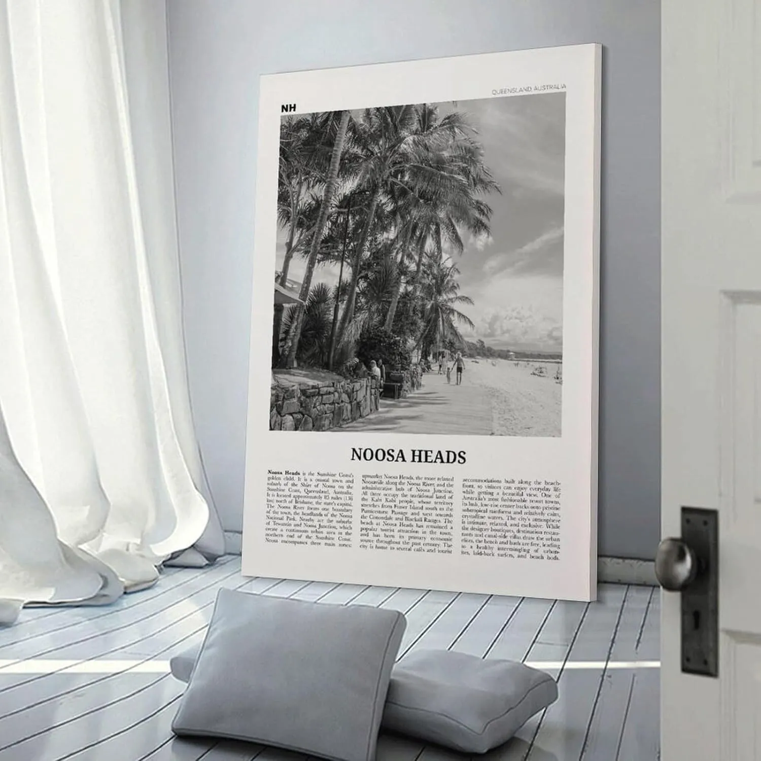 ZYSYML Noosa Heads Print Black And White Beach, Noosa Heads Wall Art, Noosa Heads Poster, Sunshine Coast Print, Queensland, Australia, Oceania Canvas Wall Art Poster Ready to Hang Framed 20x30inch
